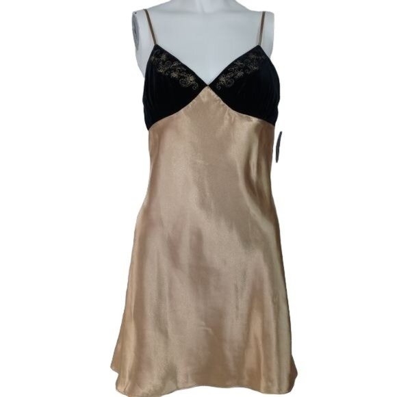 MORGAN TAYLOR INTIMATES WOMENS SMALL SATIN NIGHT SLIP GOLD BLACK VELVET - Picture 6 of 11